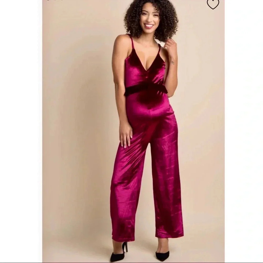 New Pinkblush Burgundy Velvet Ruffle Cami Strap‎ Jumpsuit